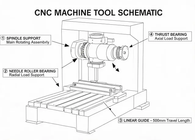 Schematic of machine tool spindle and linear axis bearing points